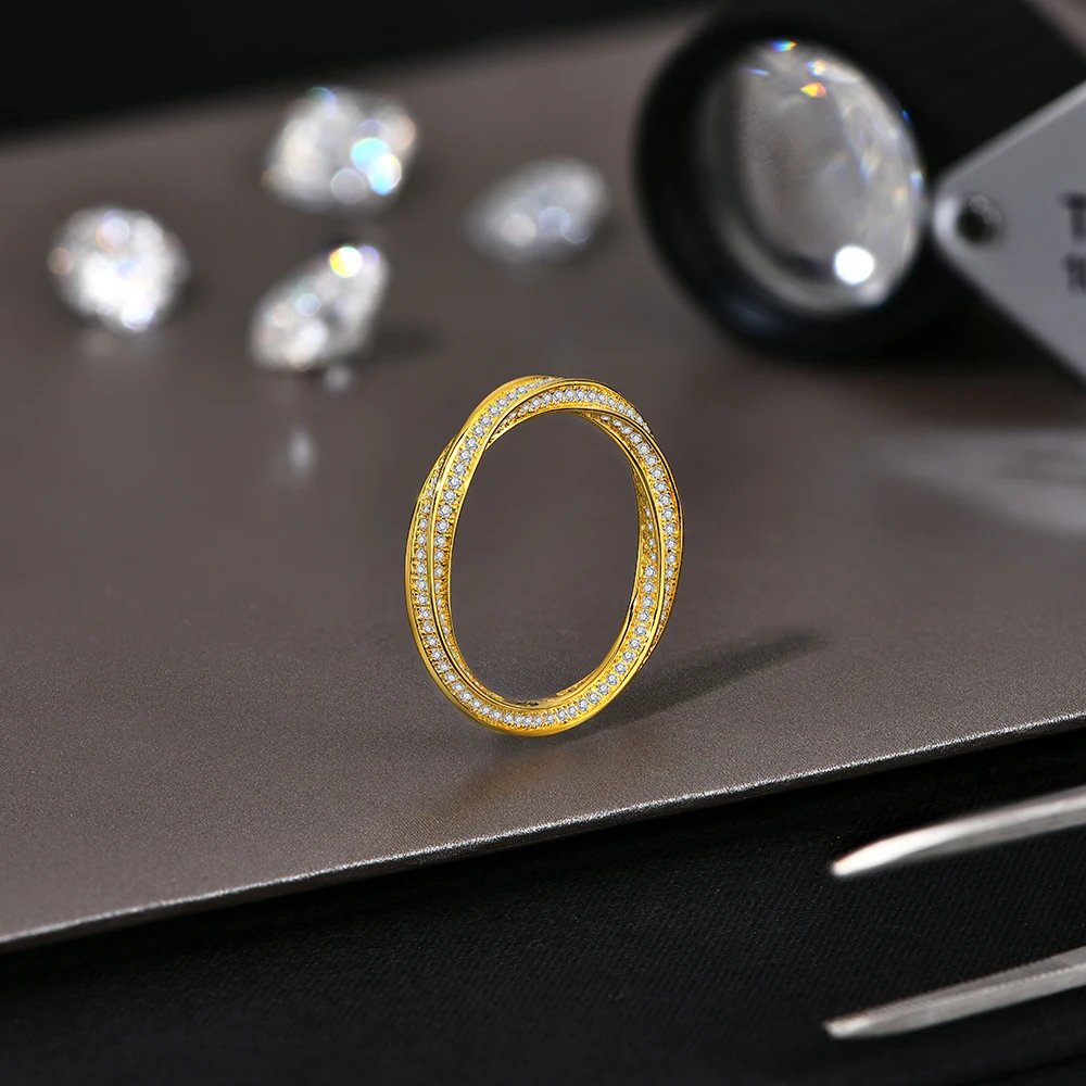 ATTAGEMS S925 Silver 18K Gold Plated Moissanite Rings D Color VVS1 Lab Diamond Helix Eternity Band Wedding Jewelry for Women Man