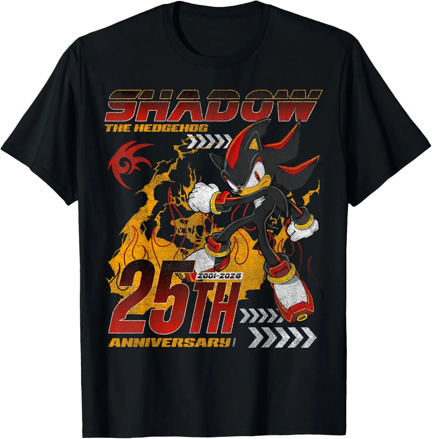 Sonic The Hedgehog Shadow 25Th Anniversary Distressed T-Shirt Men Women Unisex Novelty Graphic T‑Shirt, Classic Crew Neck 100% Cotton Tee, Lightweight Anti‑Pilling Breathable Casual Tops, Year‑Round Daily Outfit, Holiday Birthday Present Tee