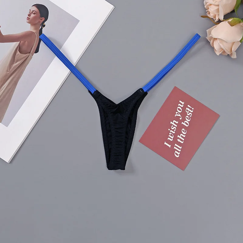 Tanga con escote en V profundo para mujer, pantalones clásicos con tirantes finos, bragas para mujer de cintura baja, lencería elástica con costuras multicolores, Mini bragas sexis