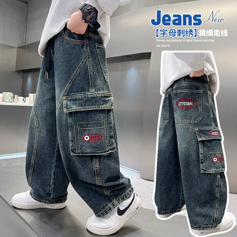 

2025 Autumn Fashion Teenage Boy Casual Denim Pants Kids Wide Leg Cargo Jeans School Young Children Straight Baggy Trousers 5-14Y