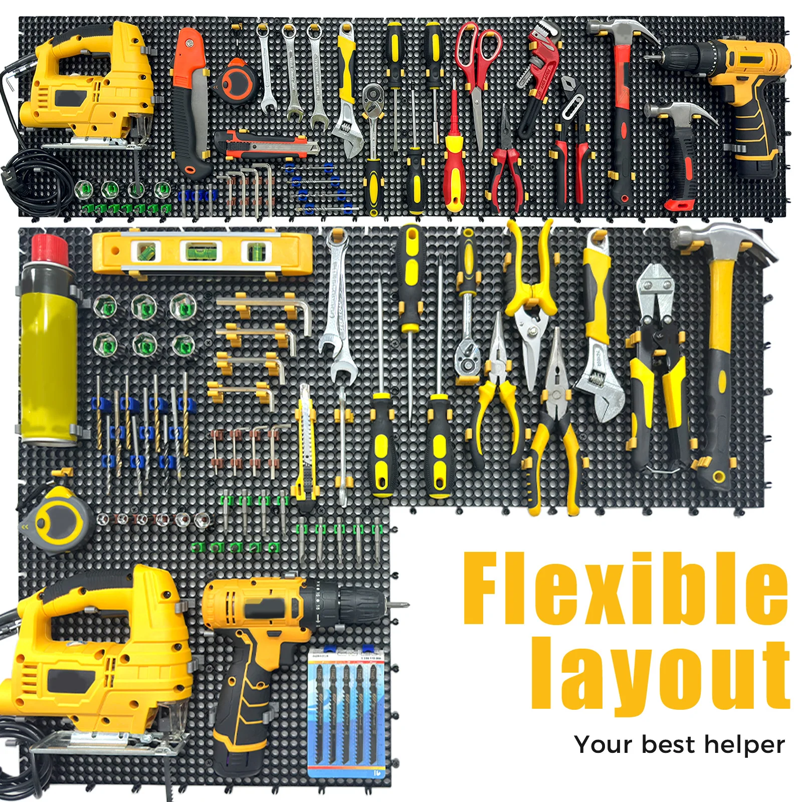 6 pcs grey plastic peg board set 200 accessories, rust-proof, non-sagging,  Garage Peg Board Wall Pegboard Organizer