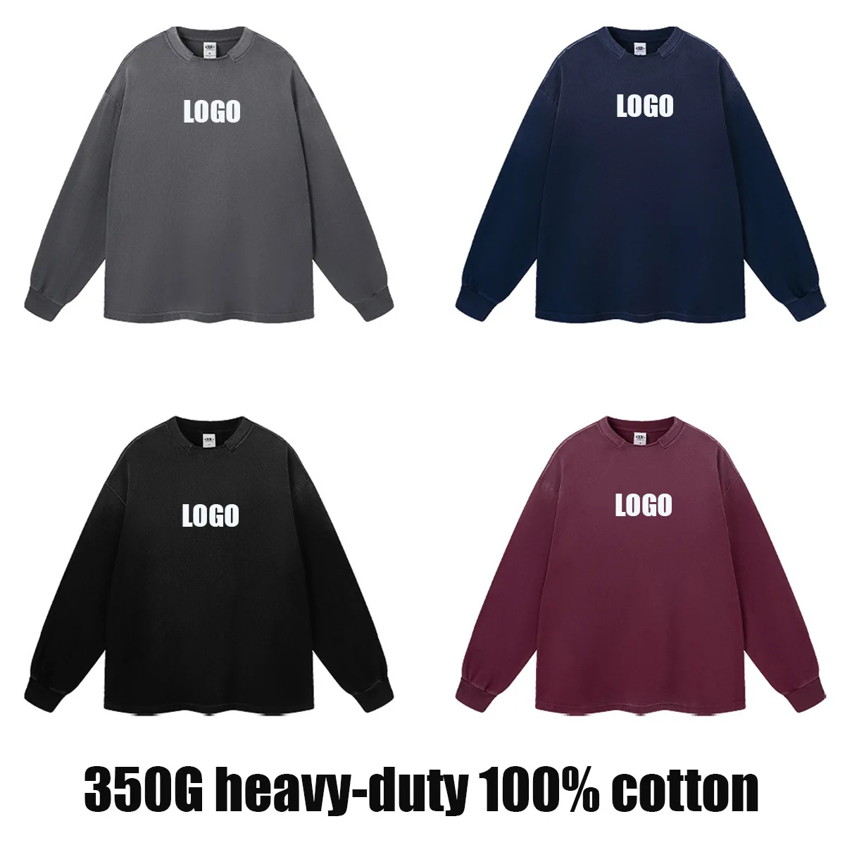 Custom LOGO Men's 350G Heavy 100% Cotton Washed and Spray Dyed Long Sleeve T-Shirt American Retro Old Loose Top