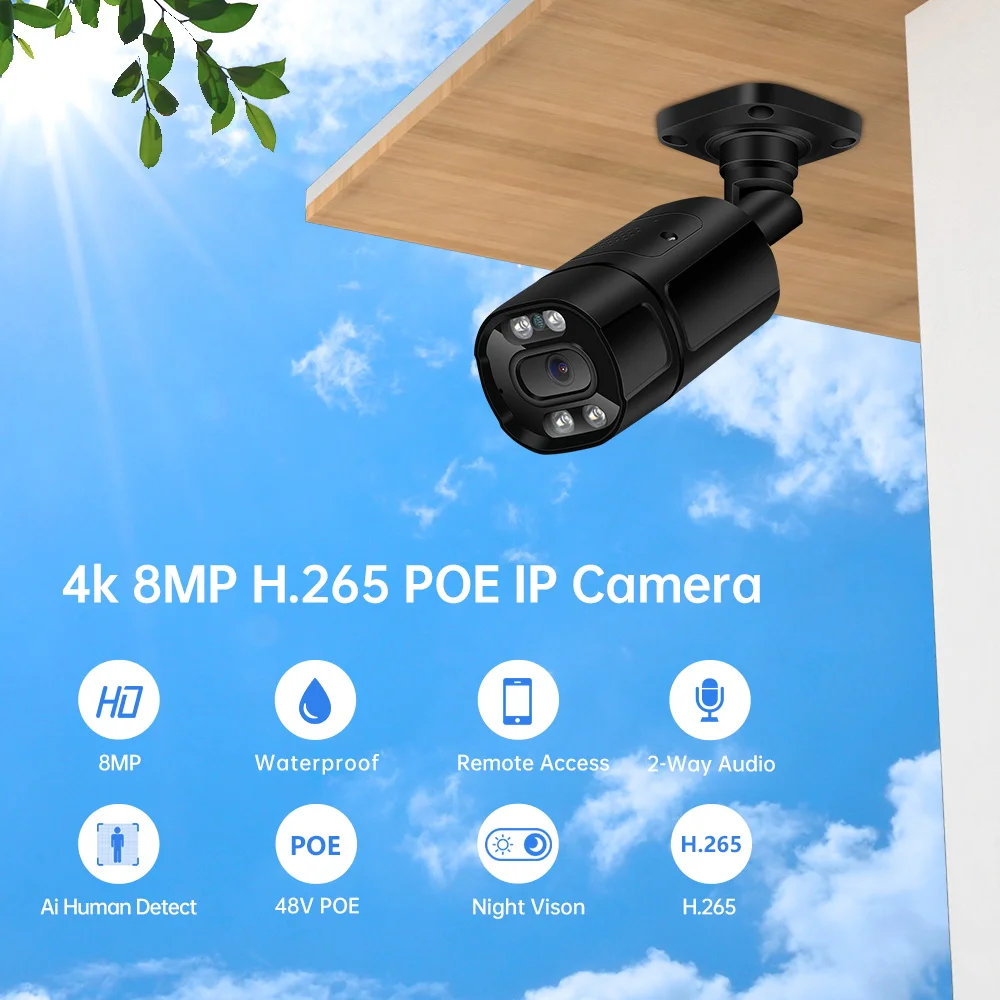 BESDER 4K 8MP HD IP Camera Outdoor Waterproof AI Motion Detection Metal Bullet Onvif PoE 48V CCTV Camera Face Detection For NVR