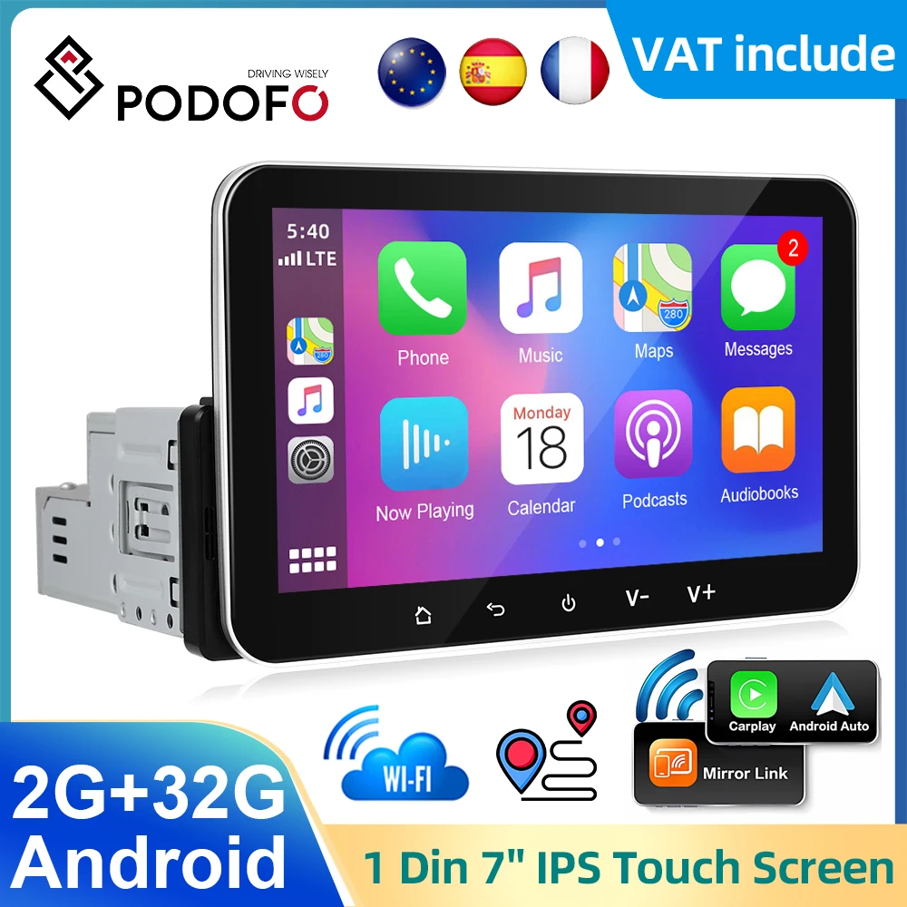 Podofo 1din 7inch Android 2+32G Car Stereo Radio Touch Screen Carplay Android auto Multimedia Player