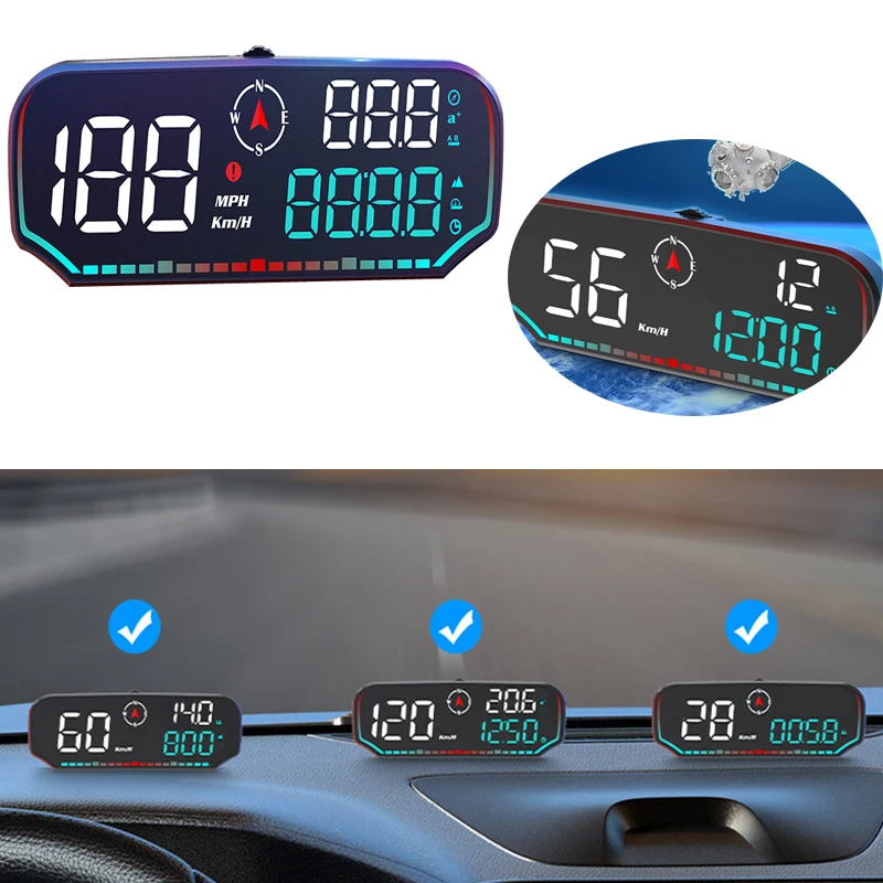 Car Speed Gauge HUD Speedometer Head Up Display Overspeed Alarm KMH MPH Safe Driving GPS Compass Time Clock Altitude Measurement