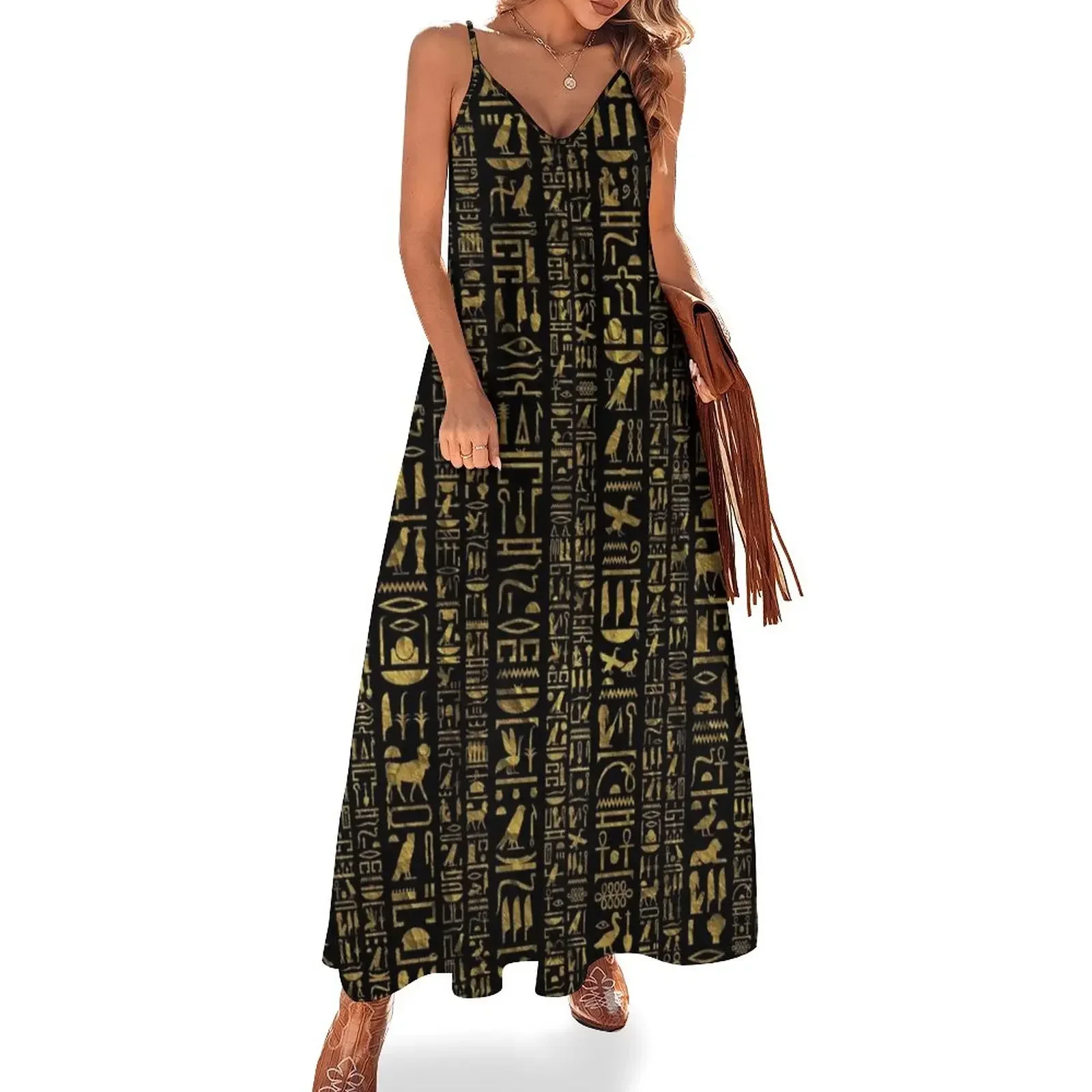 

Egyptian hieroglyphs vintage gld on black Sleeveless Dress Dress vintage dresses for woman 2025 Dress