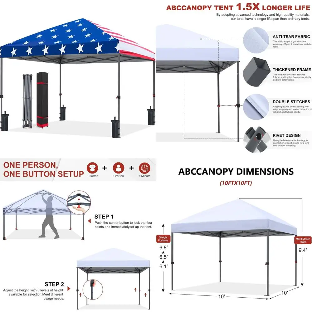 

Сверхмощная палатка с навесом для патио на открытом воздухе и 4 мешками с песком, портативная для заднего двора и террасы, дизайн американского флага, размер 10x10