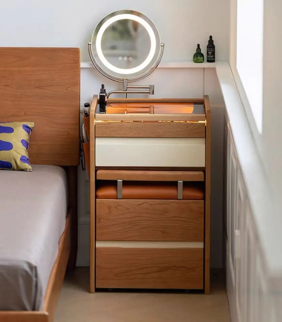 Space-saving Foldable Makeup Vanity with Power Outlet, Large Storage, and Divided Cosmetic Sections