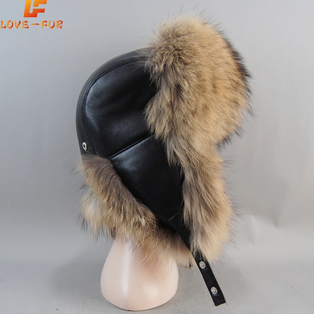 Brand Warm Soft Quality Real Raccoon Fur Bombers Hats Luxury Real Sheepskin Leather Cap Unisex Winter Russian Real Fox Fur Hat