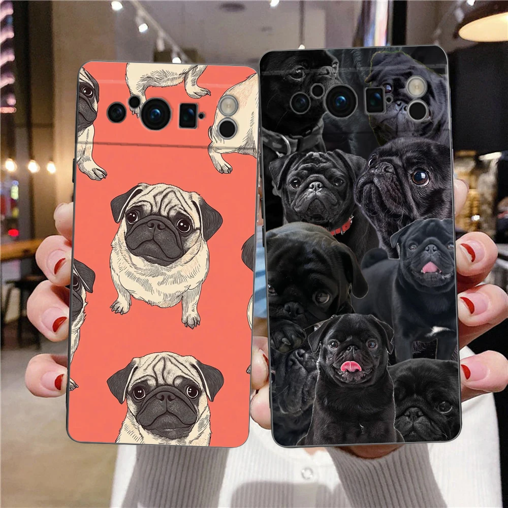 Capa de Telefone para Google Pixel 10 10A 9A 6 7 8 9 Pro XL 8A 7A 6A, Capa Preta de Silicone com Estampa de Animal, Pug Preto em Close-Up