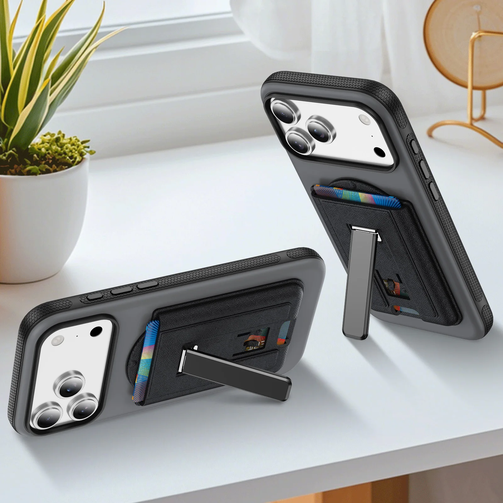 Starker Magnetischer Kartenhalter aus Leder für Magsafe iPhone Samsung Xiaomi Universelle ID-Kartenhülle mit Verstellbarem Ständer und Schlitzen – Detail 7