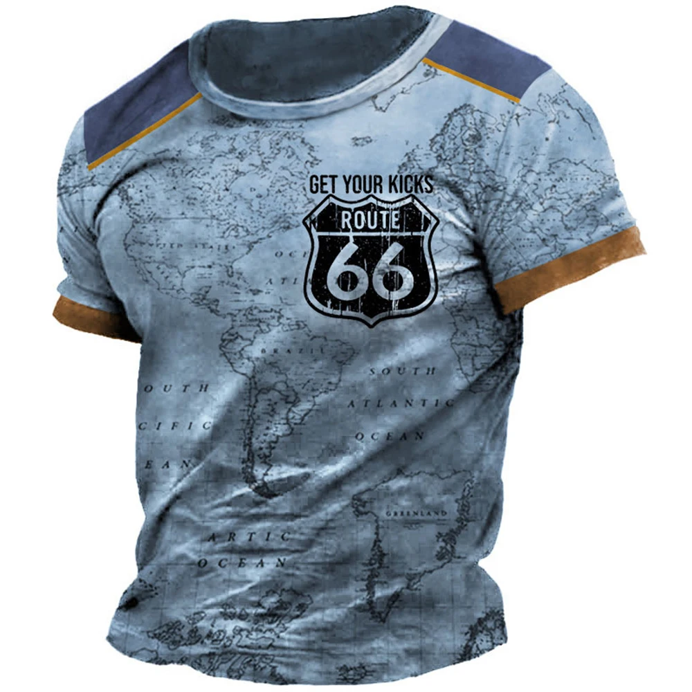 Classic Retro Summer Men\'s T-shirt American Loose Short Sleeve Top Route 66 O Collar Fashion Casual Sports Quick Drying Clothing