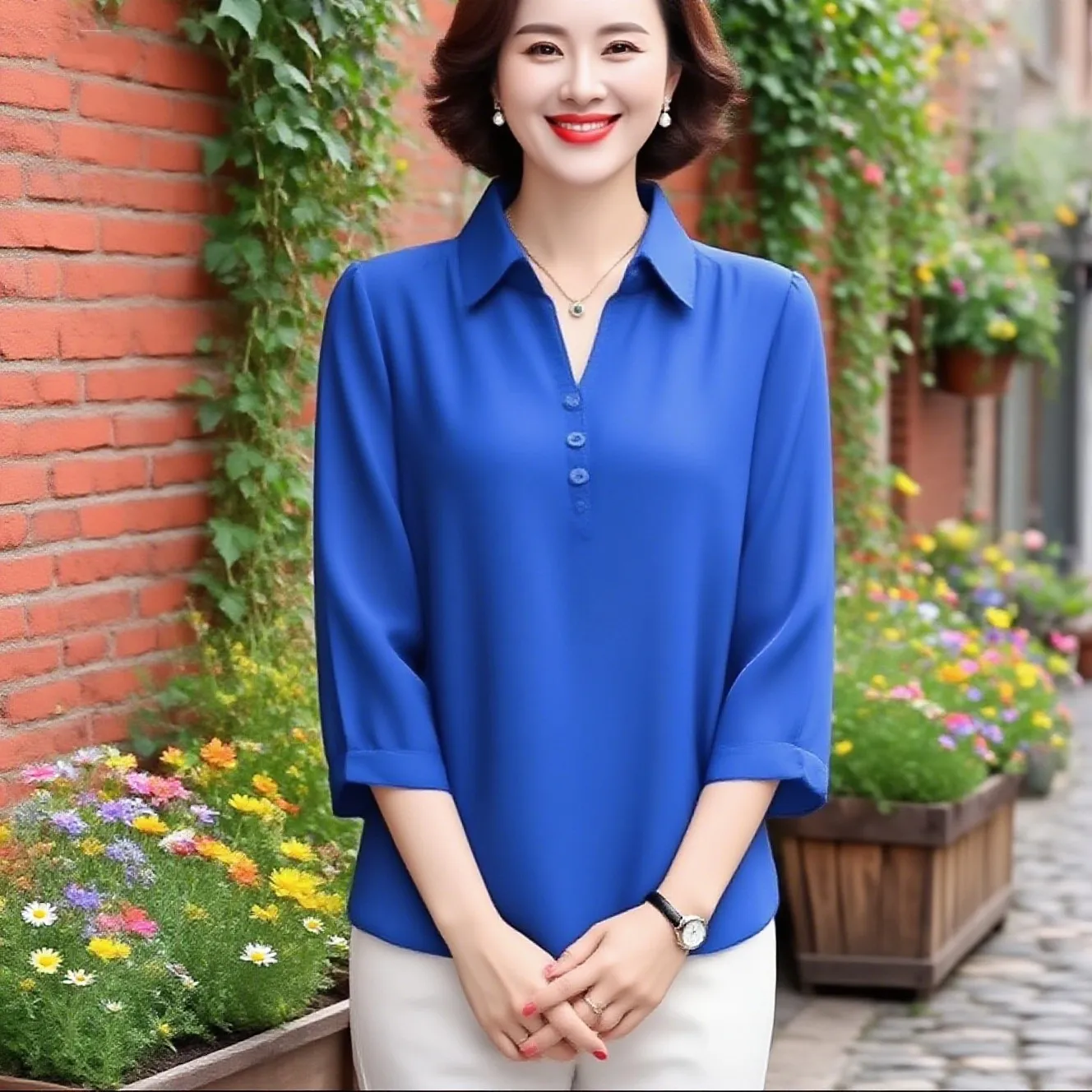 

2025 Mother Summer Top Turn-down Collar Buttons Three-quarter Sleeves Pullover Mid-aged Plus Size Mom Spring T-shirt Women Cloth