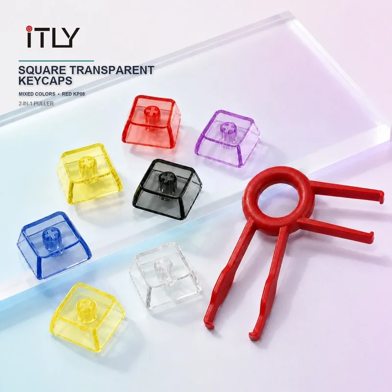 iTLY Square Transparent Keycaps Custom Mechanical Keyboard Replacement Key Cap, Free KP08 Red Keycap Puller Included