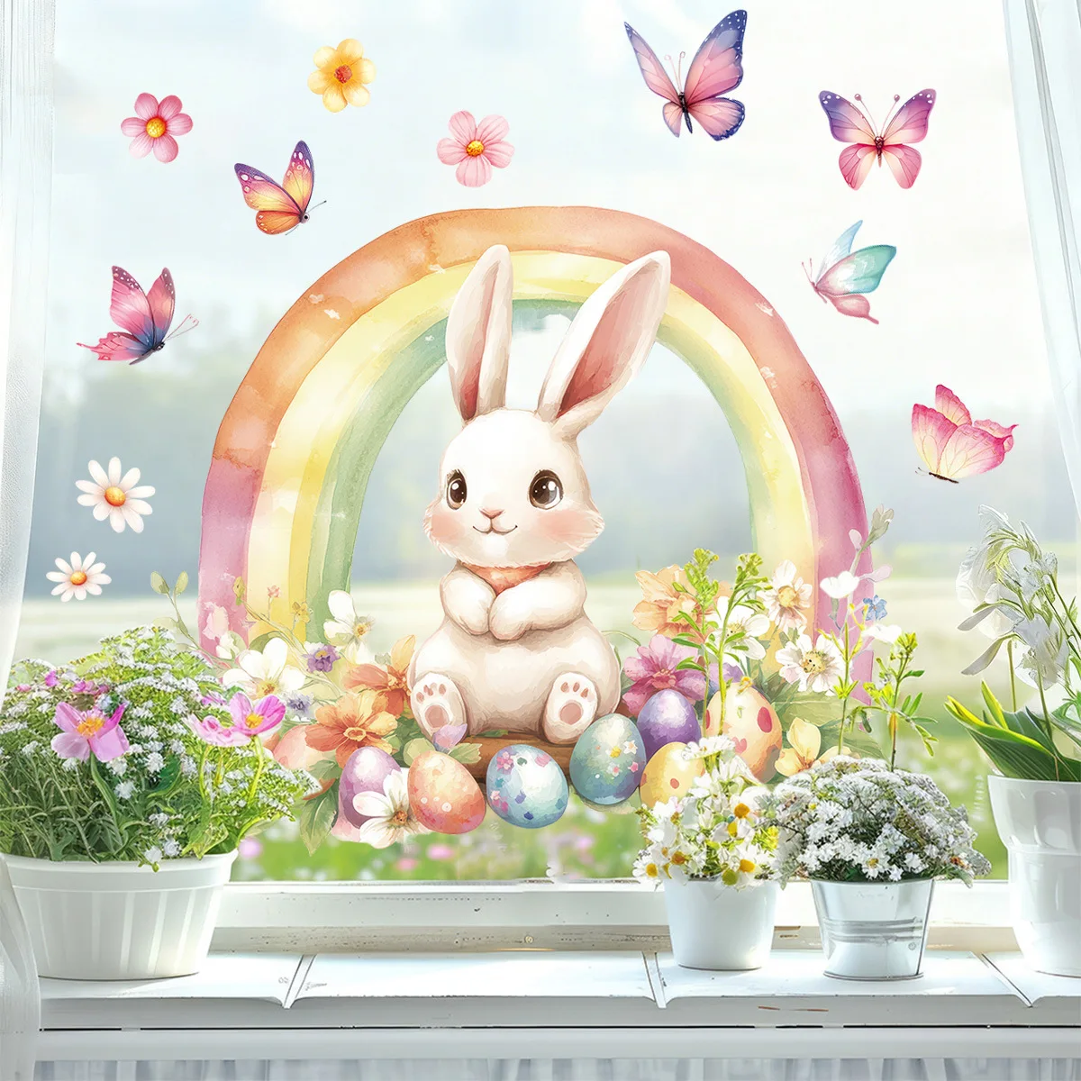 Pasen Nieuw product Elektrostatische patch Schattig konijn Kleurrijke eierstickers Glazen raamstickers Kinderkamerdecoratie