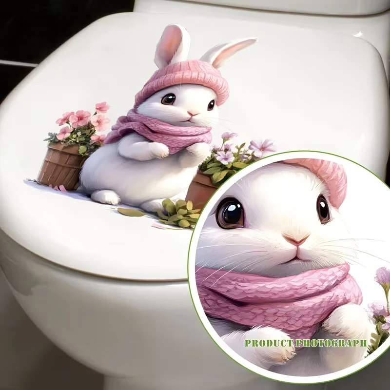 C Glow-in-the-Dark Flower Rabbit Toilet Lid Decal Self-Adhesive Removable Toilet Sticker Wall Sticker Home Bathroom Decor