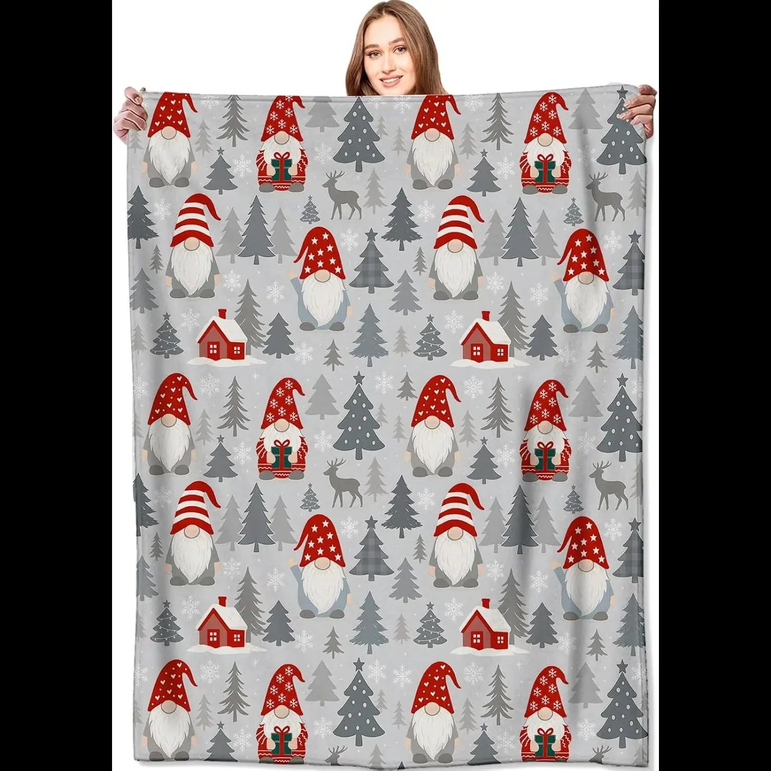 

Nordic Gnome Christmas Decor Lightweight Fleece Throw Blanket for Wall Home Festive Winter Decor xin Red Hat Reindeer Tree