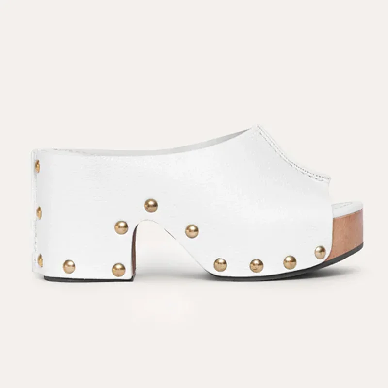 Metal Rivet Patchwork Leather Slippers Sexy Square Toe Squar Heel Slip On Customized New Arrivals Fashion Women Modern Shoes