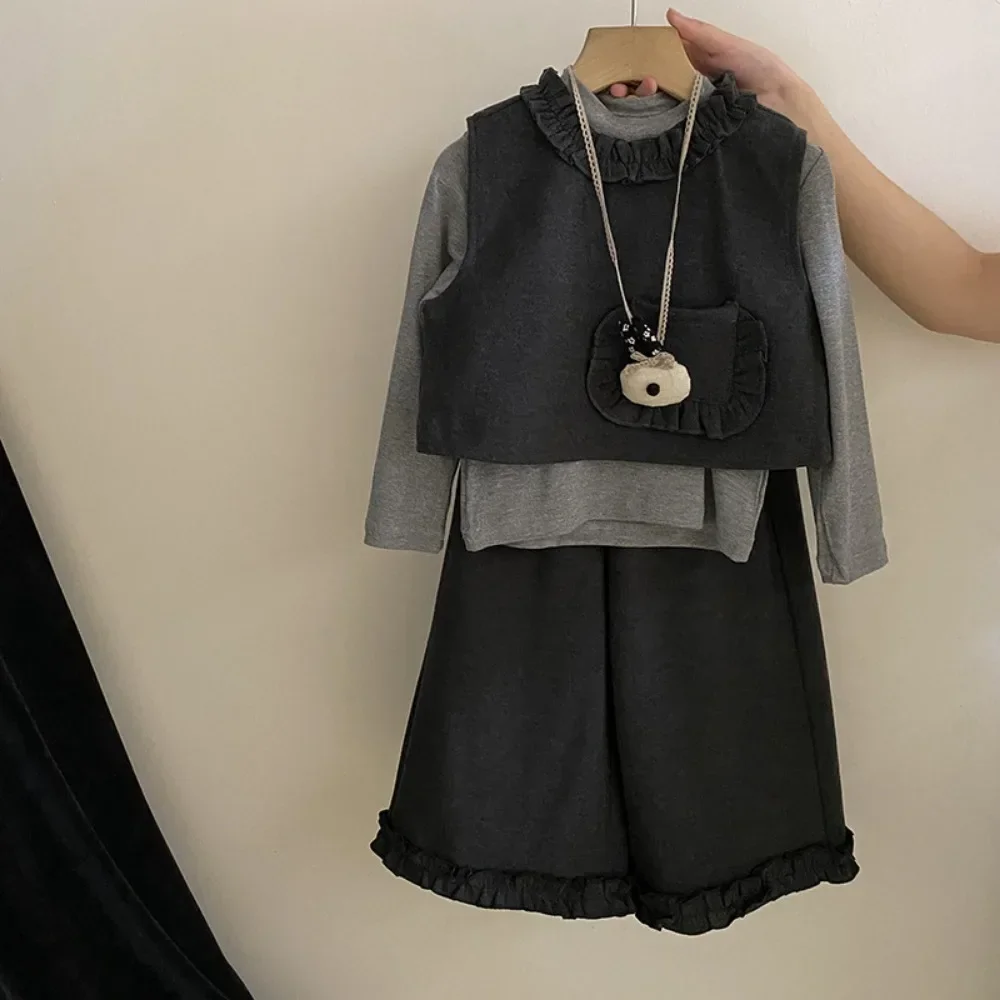 Bär Führer Herbst Mode Neue kinder Drei Stück Set Frühling Koreanische Version Grau Mädchen Kleidung Lange Ärmeln Top + weste + Hosen – Detail 2