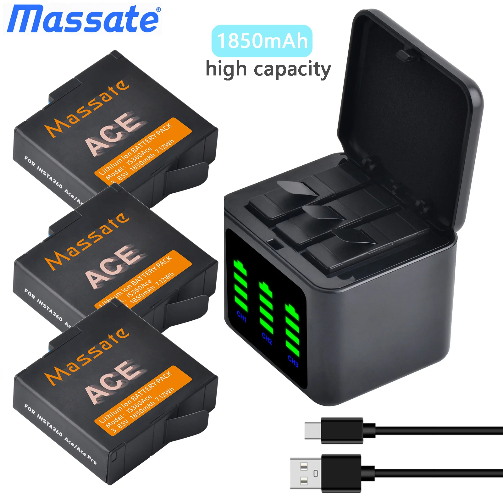 

Massate Insta360 Ace Battery+Portable 3 Channel Battery Charging Storage Station For Insta360 Ace Insta360 Ace Pro Accessories