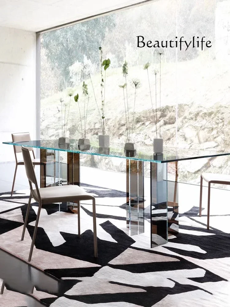 

Designer Transparent Glass Dining Table Light Luxury Modern Dining Table and Chair Combination Dining Room Rectangular