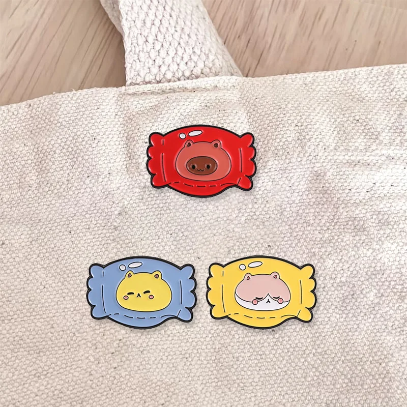 Kawaii Animal Candy Wrapper Enamel Badges Set Pig Cat Hippo Sleeping Face Sweet Pin Alloy Brooches Jewelry Gifts For Kids