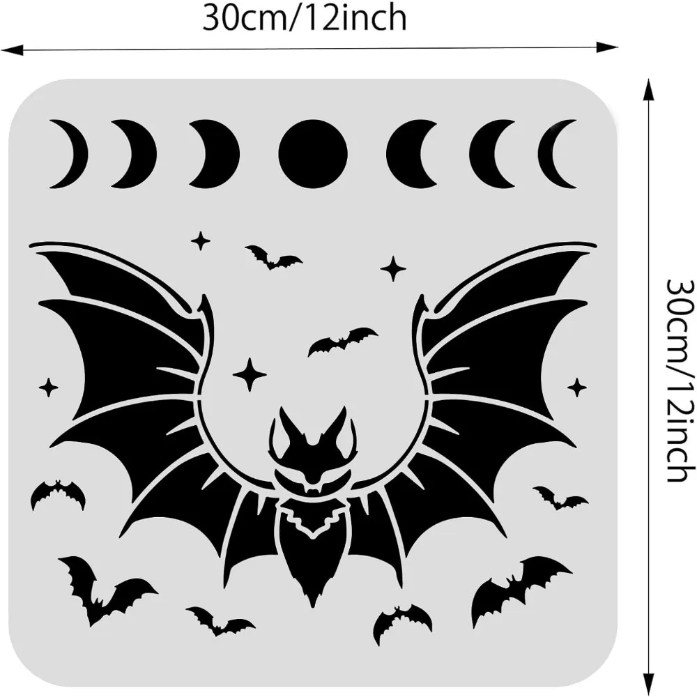 12x12inch Bat Plastic Cutouts Painting Template Moon Phase Pattern Halloween Decoration Stencils for Art Spraying DIY