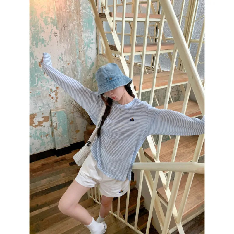 Casual Female Clashing Colours Striped Long Sleeve T-shirt Sun Protection Blouse 2024 Summer Niche Embroidery Loose Thin Top Y2k