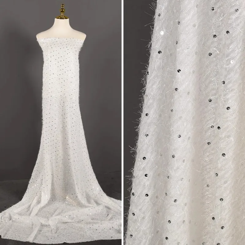 Tecido branco de lantejoula borla, vestido de chiffon de penas finas, pano para costura de vestuário, material DIY, atacado a metro