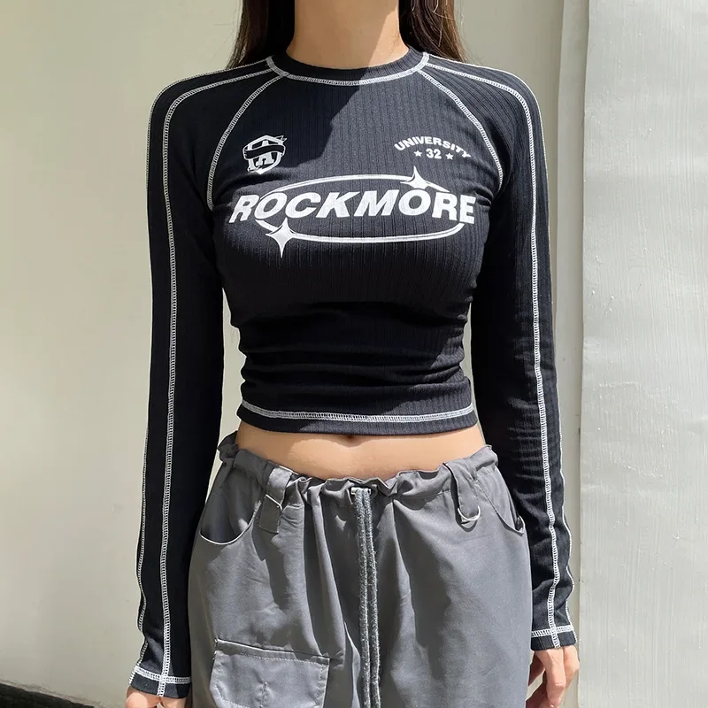 ALTGOTH Streetwear Black Slim Y2k Crop Top Women Aesthetic Letter Print Round Neck Long Sleeve T-Shirts Graphic Grunge Clothes