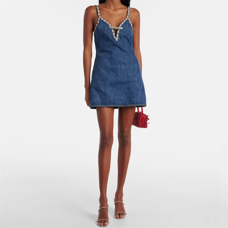 

Women's dress New high-quality pure cotton suspender mini dress for summer 2025 Crystal bow decoration sleeveless short dresses