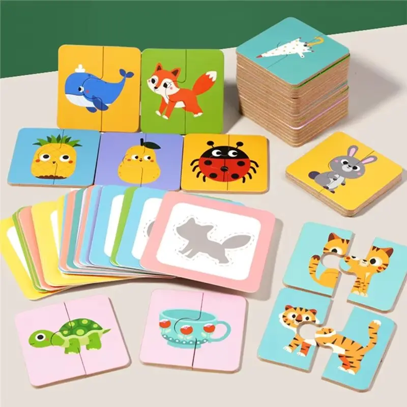 AS96-Montessori Shape Matching Board Game Wooden Find Shadow Matched Images Animal Fruit Blocks Puzzles