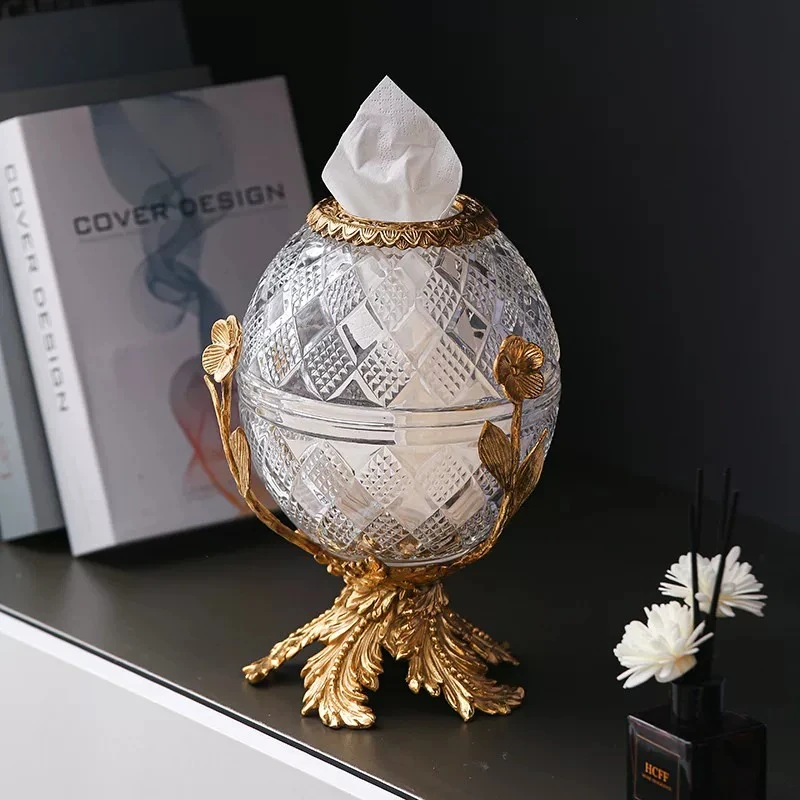 Crystal glass brass pumping carton light luxury living room dining room European round tissue box ornament