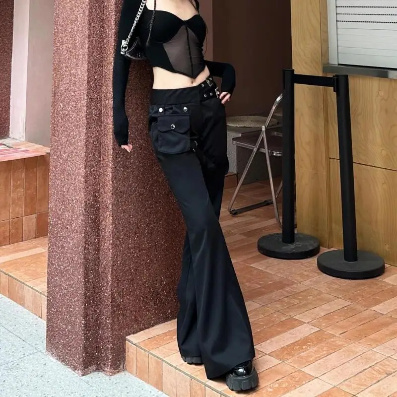 الأمريكية هوتي ريترو غسل الأسود بانت المرأة القوطية السراويل الطويلة ربيع الخريف Harajuku منخفضة الخصر سليم مضيئة السراويل Y2K الشارع الشهير #6