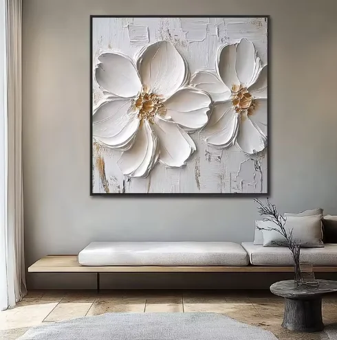 Modern wall decoration handmade canvas acrylic white artwork abstract wall art 3D texture flower painting