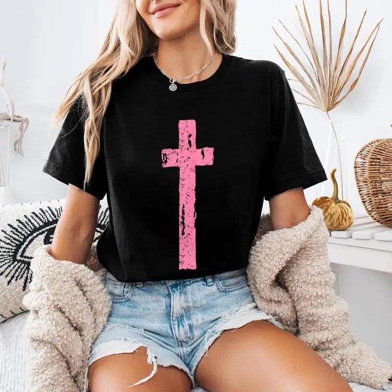 

"Pink Cross T-Shirt for Women | Christian Faith Graphic Tee | Vintage Washed Religious Gift | Minimalist Jesus Top"