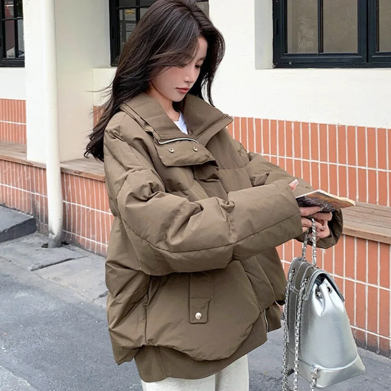 Vintage Winter Warm Cotton Coat Women Stand-up Collar Loose Puffer Jacket Thick Loose Chillproof Outerwear Windproof Coat Short