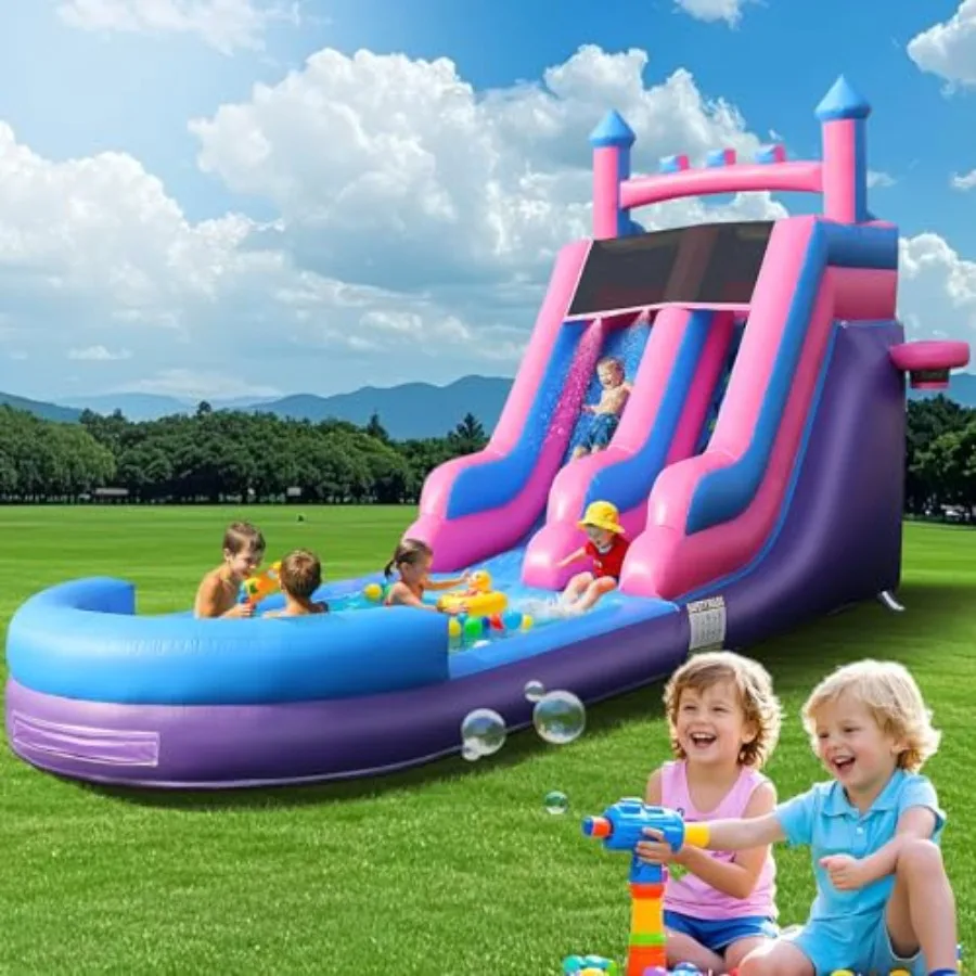 

26FT Inflatable Water Slide PVC Commercial Grade with Splash Pool Climbing Basketball Set 00W Air Blower for Birthday Party Red