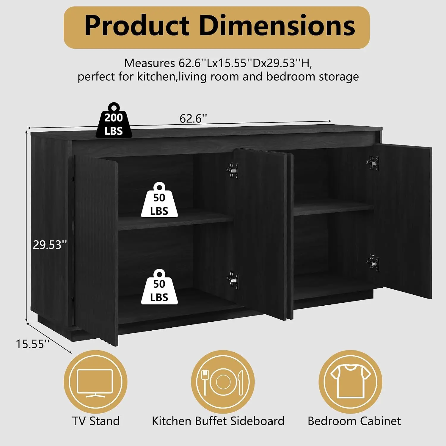Fluted Black Sideboard Cabinet with Storage & Charging Station, Kitchen Dining Entryway Coffee Bar, Buffet Credenza, Customized image 2