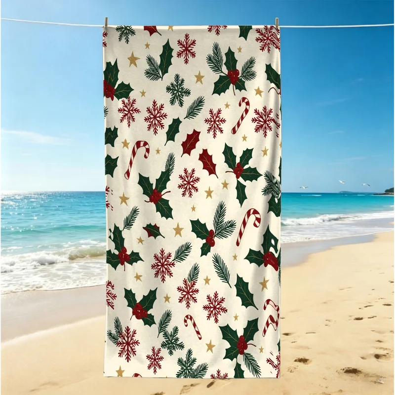 Christmas Polyester Beach Towel,Multiple Sizes,Portable,Durable,Ultra-Soft,Breathable,Red snowflakes green Holly Leaves Print
