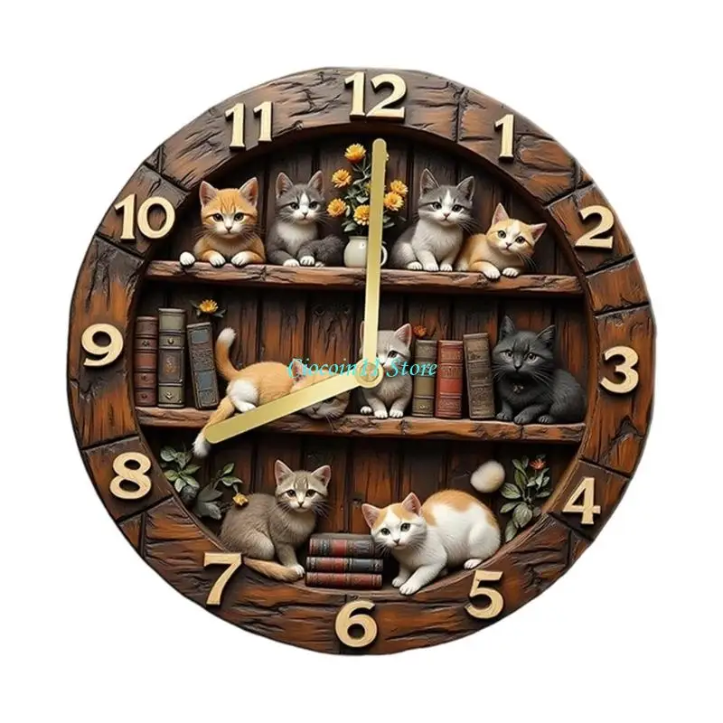 Y1UB Whimsical Feline Design Clock Quiet Movement Wall Clock Great for Bedroom Use