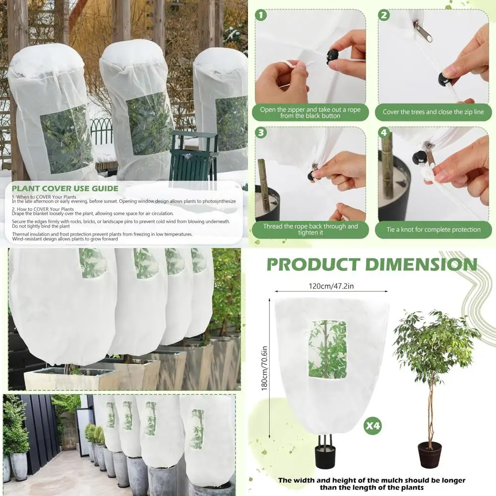

4 Pack Large Plant Frost Covers with Viewing Window, Drawstring & Zipper, Winter Protection for Shrubs & Small Trees, 47.24x70.8