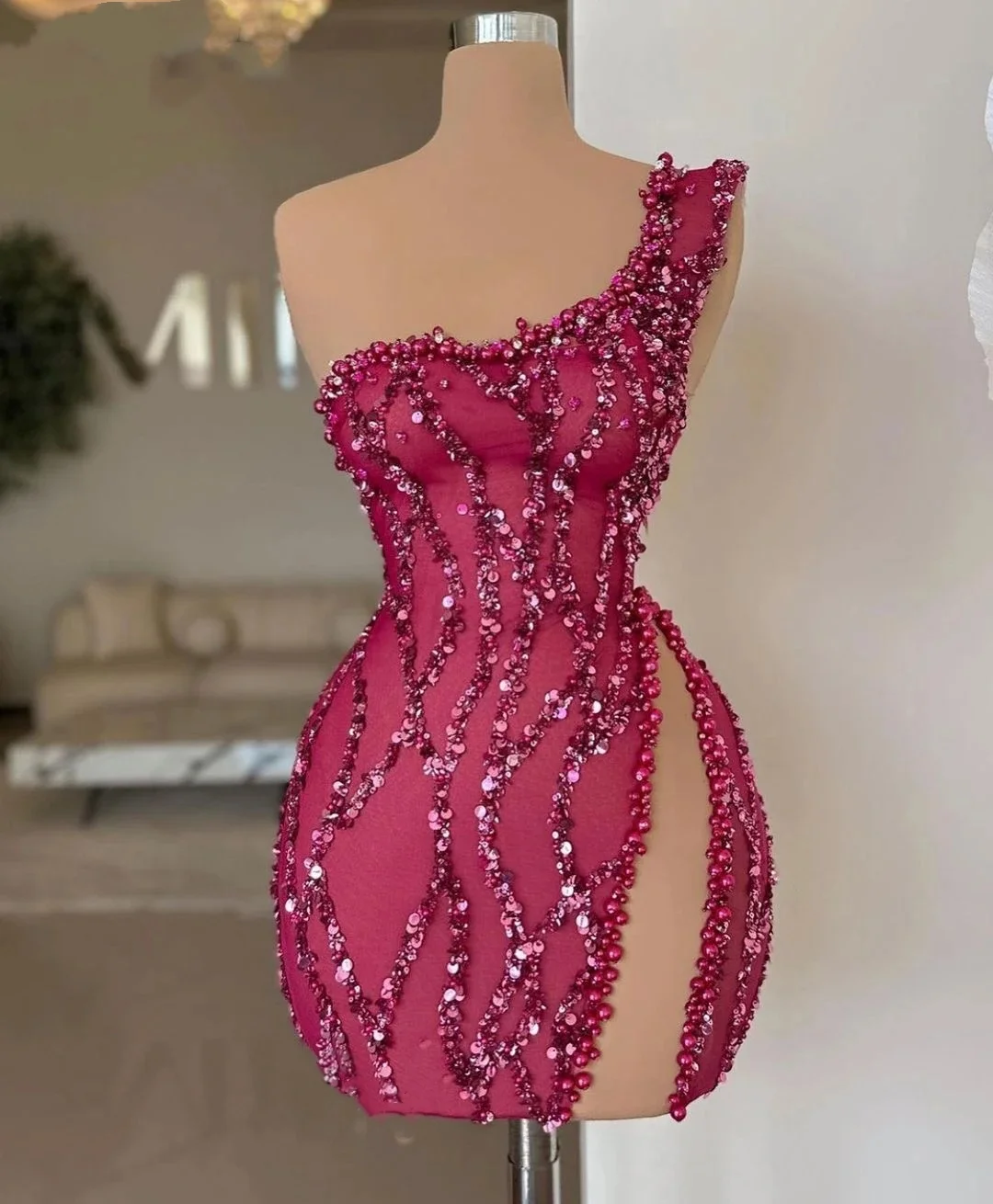 

2025 Classic Sequins Cocktail Prom Dresses Pearls Mini Short Evening Party Gowns Illusion High Split One Shoulder Robe De Soriee