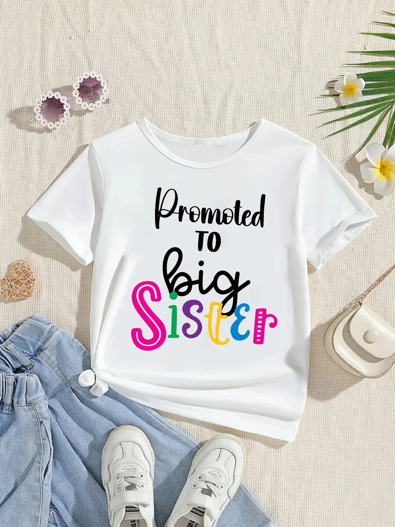 

Colorful Promoted To Big Sister Art Family Matching Printed Tshirt Girl Pregnancy Announcement Shirt Kawaii Kids Clothes T-Shirt