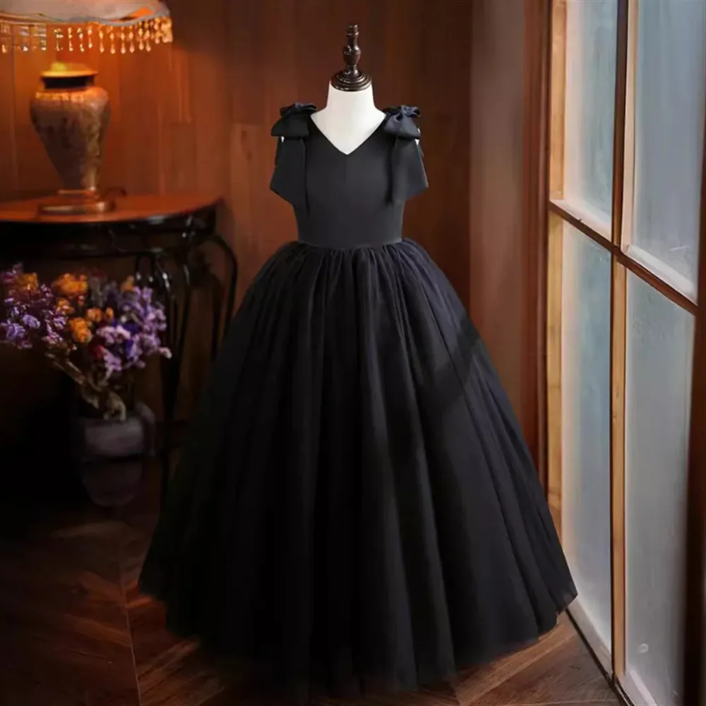 

Elegant Flower Girl Dress for Wedding Sleeveless Bow V Neck Princess Birthday Party Prom Pageant Dress First Communion Ball Gown