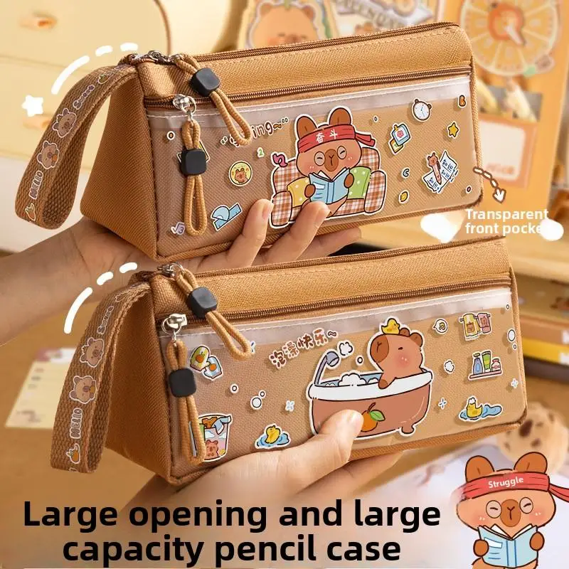 Large Capacity High Appearance Pencil Case, Triangle Cartoon Capybara Stationery Organizer Pouch for Elementary Students