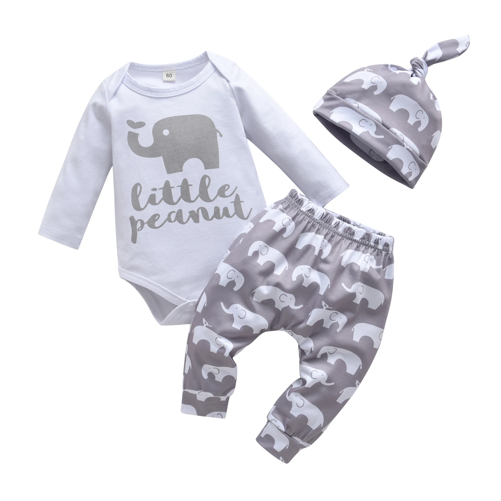 Casual Newborn Baby Boy 3Pcs Outfit Clothes Set New Elephant Printed Long Sleeve Romper Bodysuit Top Infant Pants with Hat