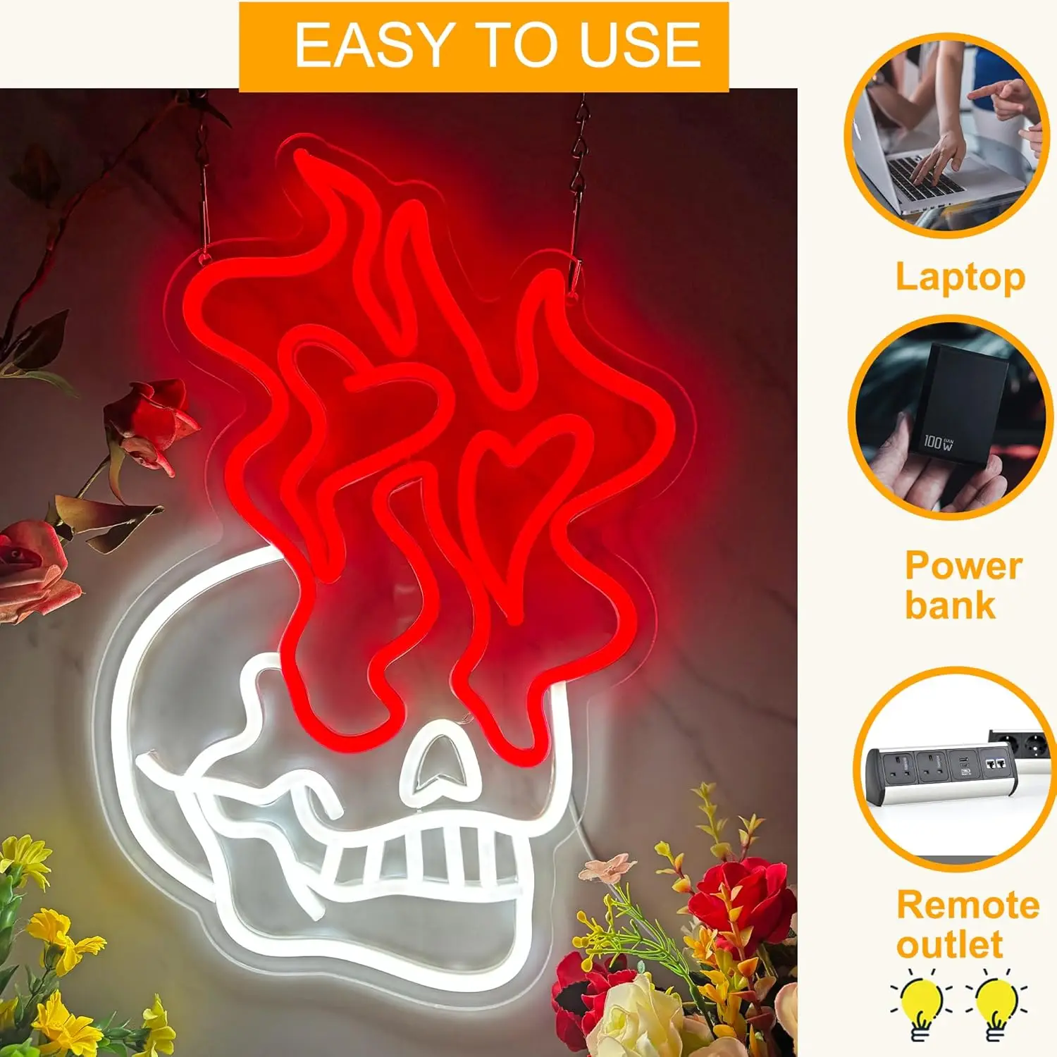 Flaming Skull Neon Sign USB Powered Dimmable Neon Light For Wall Decor Bedroom Man Cave Decor Party Birthday Handmade Art Gift