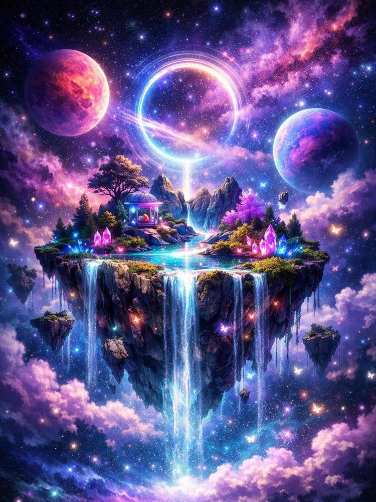 Galaxy Schwebende Insel Wasserfall 5D Diamantmalerei, Kreuzstich, Mosaik-Set - Fantasy Weltraum Kristallkunst DIY Wanddekoration
