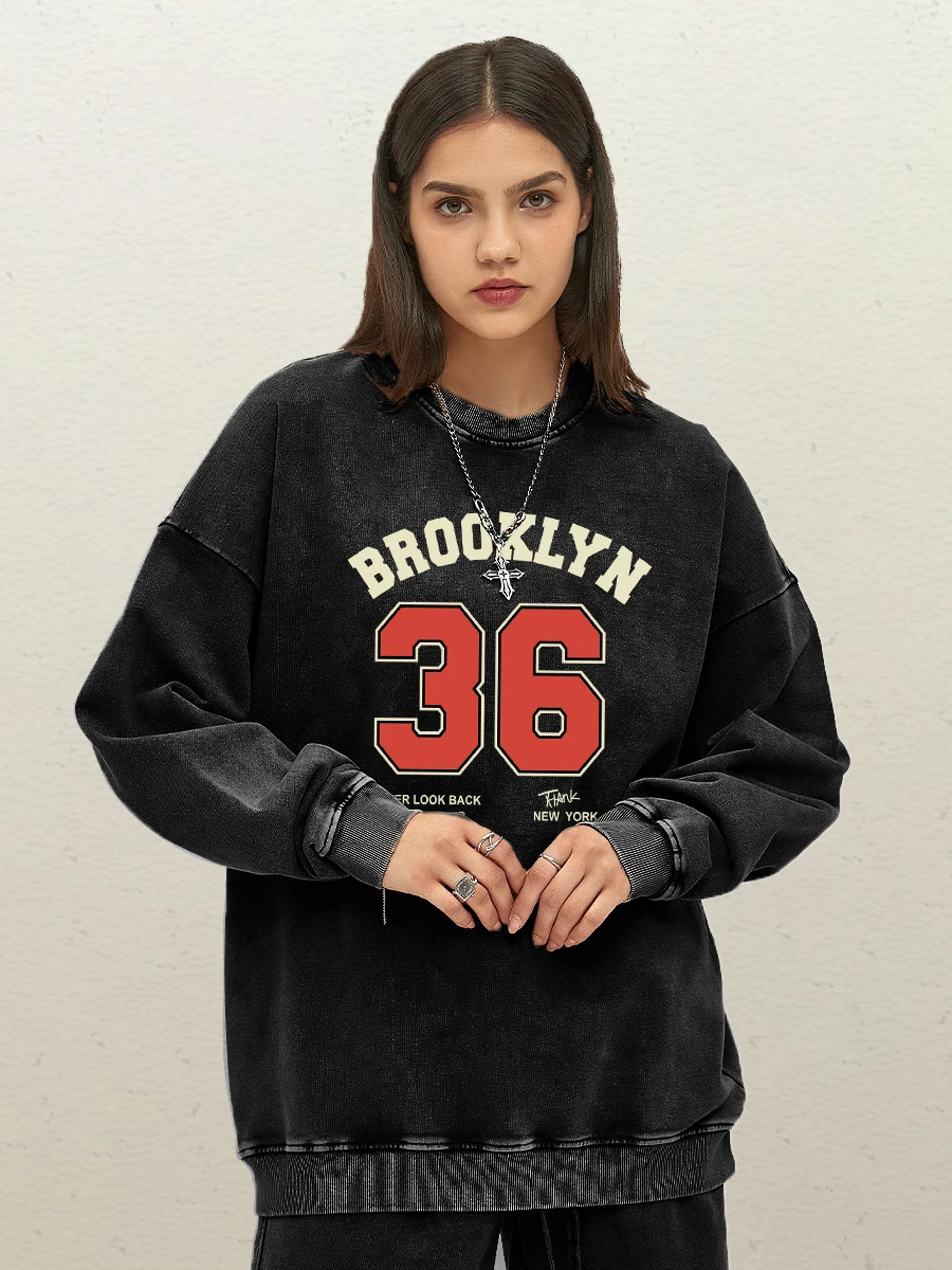 Brooklyn 36 Art Letter Retro Design Female Washed Sweatshirts Fashion Loose Clothes Casual Cotton Tops Y2K Woman Streetwear